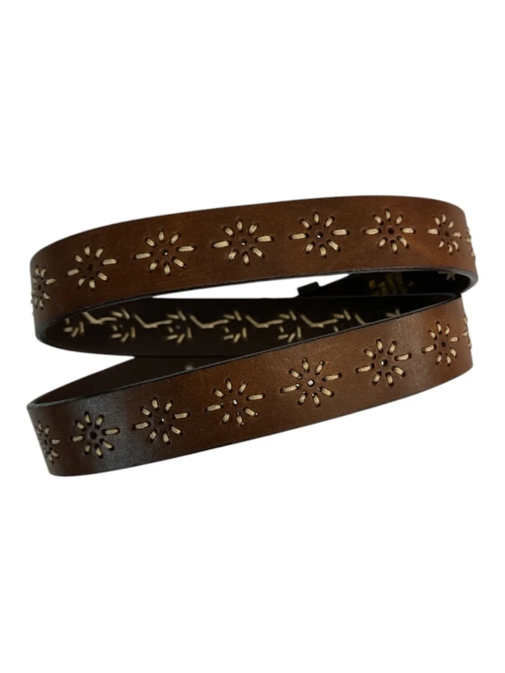 Leather Embroidered Belt L 42.5” Brown Boho Western Floral Cutout Rustic